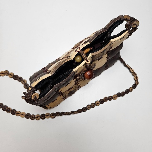 Coconut Shell Engraved Shoulder Bag Purse Boho Zip Top Handmade - Picture 2 of 12